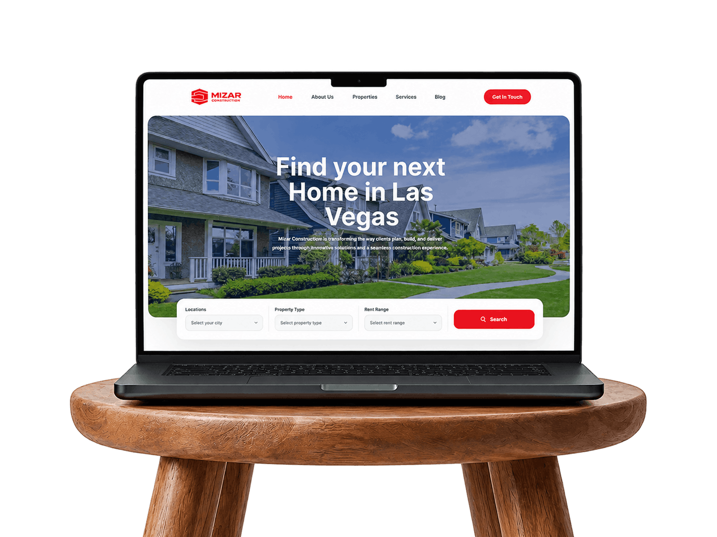 Mizar Construction website design shown on a laptop screen
