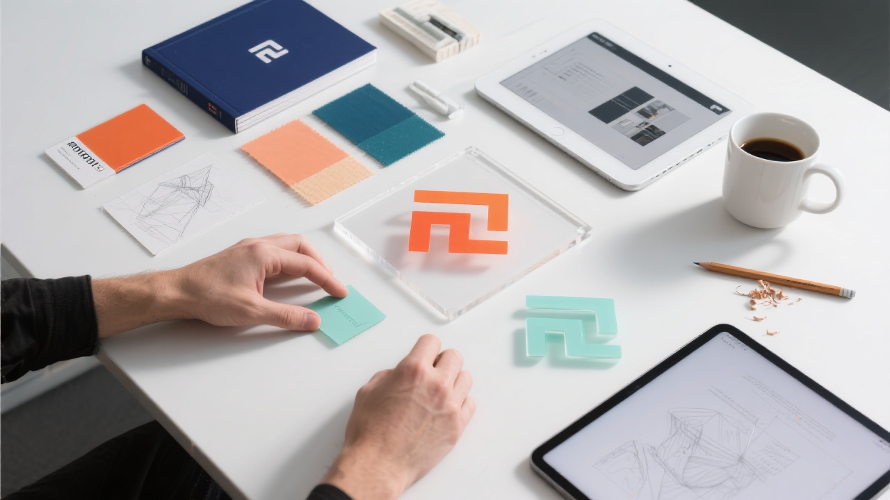 Branding materials and swatches laid out on a desk