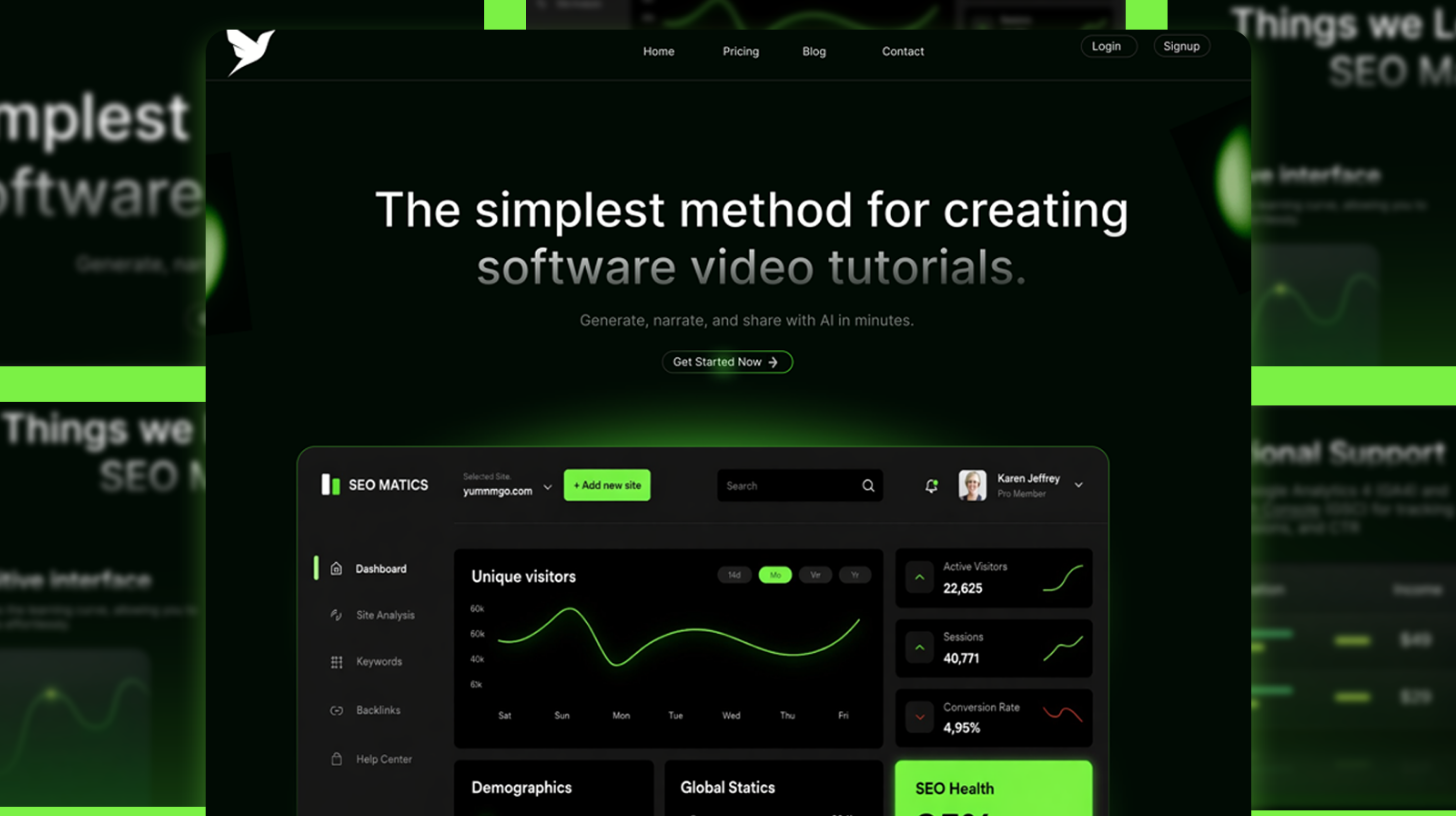 Landing page interface shown on a dark dashboard