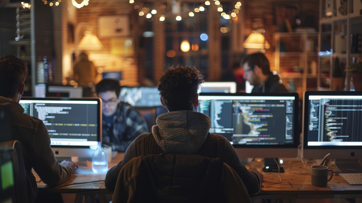 Developers working on website code at night